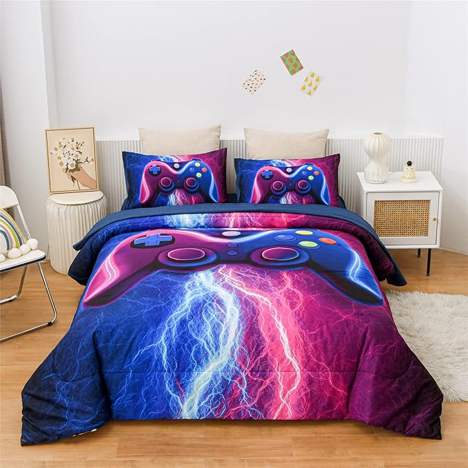 Meeting Story Gamer Gaming Bedding Sets Red Blue Lightnings Gamepad Comforter Set for Boys Games Console Action Buttons Novelty Colorful Modern Room Decor Home Quilt Set (Blue-Purple, Twin 5Pcs) - LeafyLoom