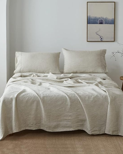 Simple&Opulence 100% Belgian Linen Sheet Set Handmade Hemstitch Linen King Size Bed Sheet-4 Piece (1 Flat Sheet+1 Fitted Sheet+2 Pillowcases)-Natural Flax Farmhouse Bedding - LeafyLoom