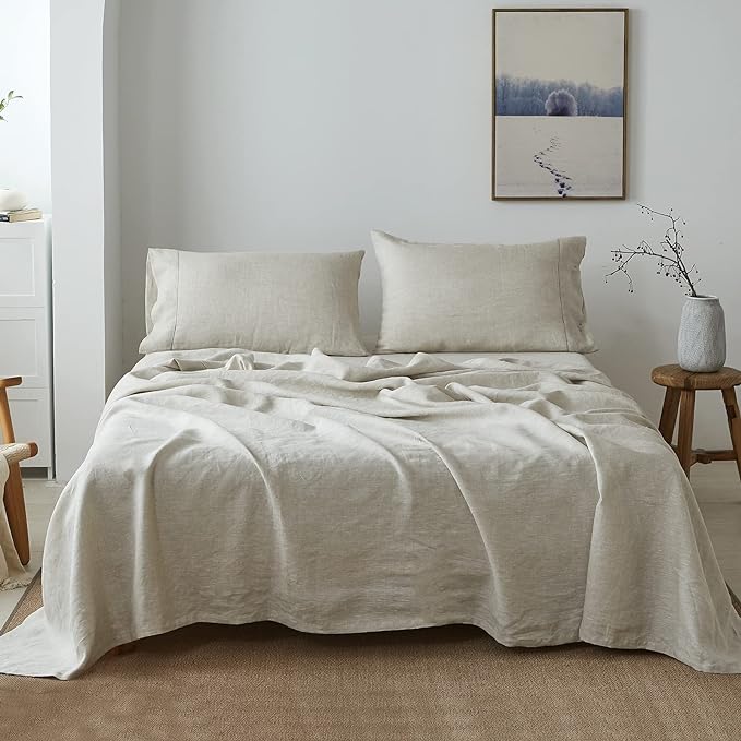 Simple&Opulence 100% Belgian Linen Sheet Set Handmade Hemstitch Linen Twin Size Bed Sheet-3 Piece (1 Flat Sheet+1 Fitted Sheet+1 Pillowcase)-Natural Flax Farmhouse Bedding - LeafyLoom