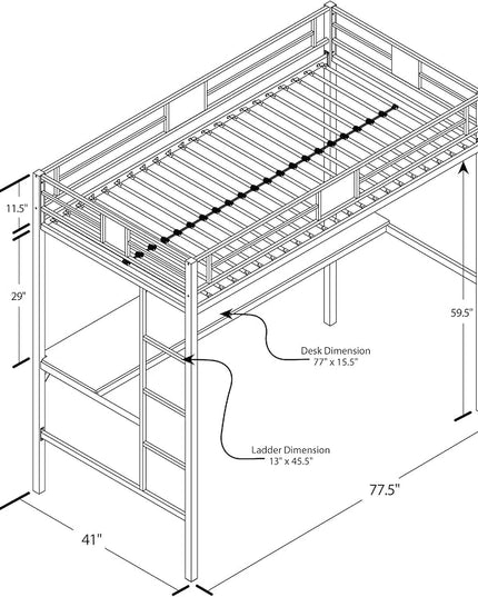 DHP Screen Loft Metal Bunk Bed with Desk and Ladder, Space-Saving Design, Silver Twin - LeafyLoom