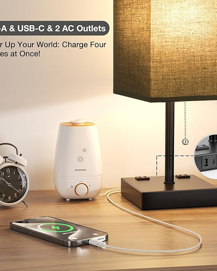 aooshine Black Table Lamp for Bedroom - 3 Color Temperature 3000K 5000K 4000K Bedside Lamp, Pull Chain Control, USB A and C Ports, AC Outlets, Bulb Included, Medium - LeafyLoom