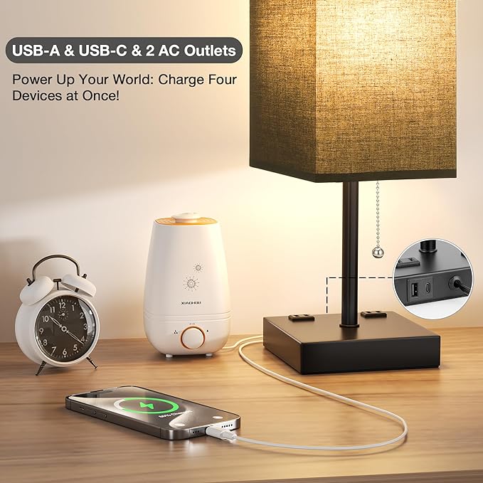 aooshine Black Table Lamp for Bedroom - 3 Color Temperature 3000K 5000K 4000K Bedside Lamp, Pull Chain Control, USB A and C Ports, AC Outlets, Bulb Included, Medium - LeafyLoom