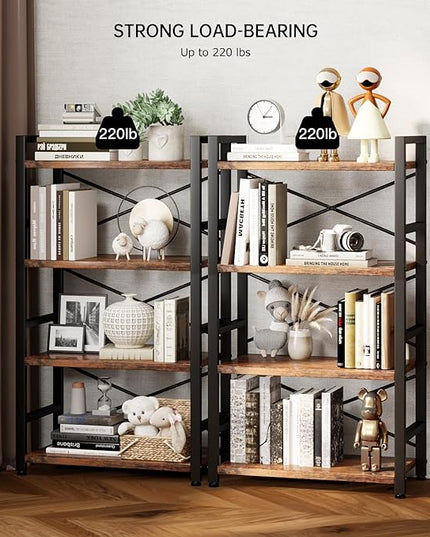 Bookshelf, 4 Tier Small Bookcase, Organizers and Storage, Metal Small Bookcase, Rustic Book Shelf Organization and Storage for Living Room, Bedroom, and Home Office(Rustic Brown) - LeafyLoom