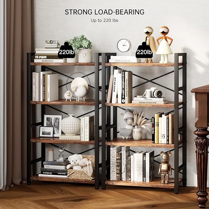 Bookshelf, 4 Tier Small Bookcase, Organizers and Storage, Metal Small Bookcase, Rustic Book Shelf Organization and Storage for Living Room, Bedroom, and Home Office(Rustic Brown) - LeafyLoom