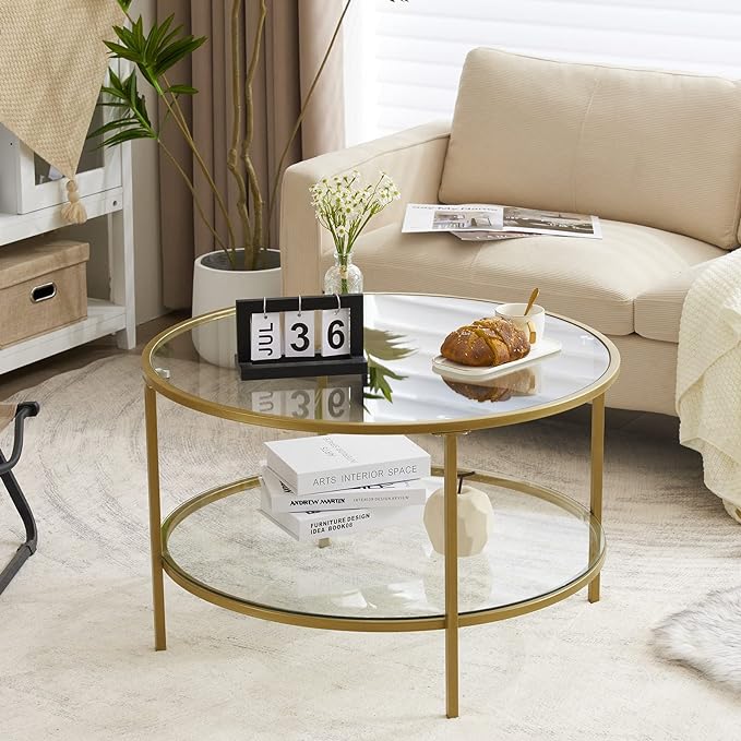 VINGLI Glass Coffee Table, 30" Round Champagne Gold Coffee Tables for Living Room,2-Tier Glass Top Coffee Table with Storage Clear Coffee Table,Simple & Modern Center Table Mesa de Centro Para Sala - LeafyLoom