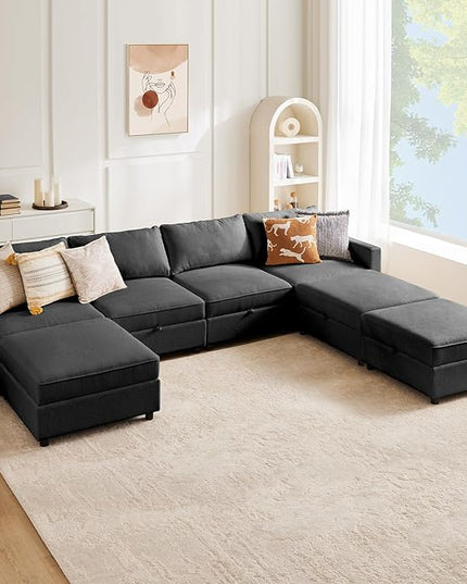 Sweetcrispy Convertible Sectional Sofa Couch, 7 Seat Sofa Set with Storage for Living Room, U-Shaped Modern Modular Sofa Sleeper with Reversible Chaise, Oversized Modular Sectional Sofa, Grey - LeafyLoom