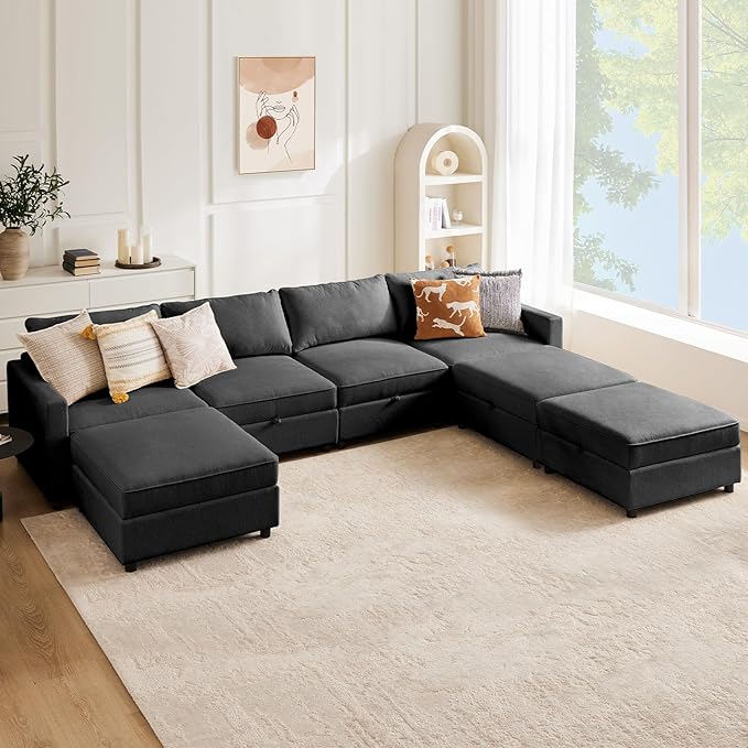 Sweetcrispy Convertible Sectional Sofa Couch, 7 Seat Sofa Set with Storage for Living Room, U-Shaped Modern Modular Sofa Sleeper with Reversible Chaise, Oversized Modular Sectional Sofa, Grey - LeafyLoom