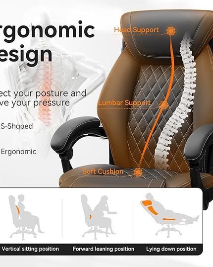 Office Chair, Executive Leather Chair Adjustable High Back, Ergonomic Computer Desk Chair Lumbar Support, Big and Tall Office Chair with Footrest, Comfy Reclining Chair for Home Office - LeafyLoom