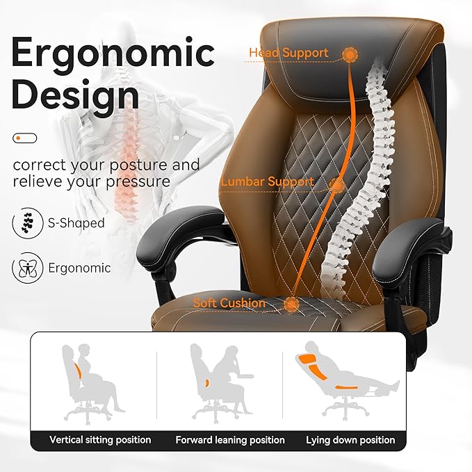Office Chair, Executive Leather Chair Adjustable High Back, Ergonomic Computer Desk Chair Lumbar Support, Big and Tall Office Chair with Footrest, Comfy Reclining Chair for Home Office - LeafyLoom