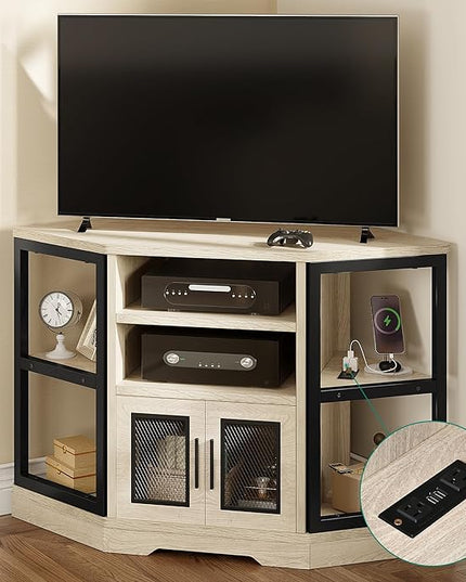 YITAHOME Corner TV Stand for TVs up to 55/50 Inch with Power Outlet, Modern Farmhouse Entertainment Center, Wood TV Media Console with Storage Cabinets Shelves for Living Room, White Oak - LeafyLoom