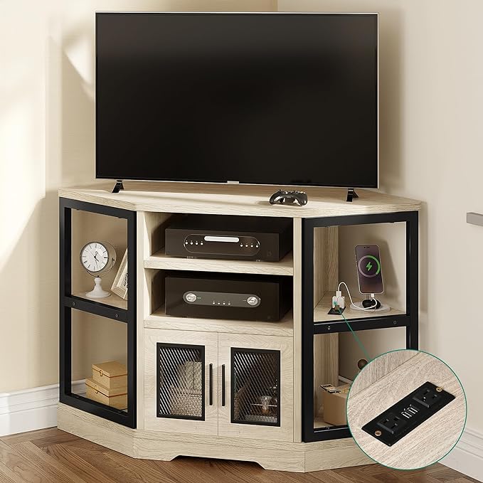 YITAHOME Corner TV Stand for TVs up to 55/50 Inch with Power Outlet, Modern Farmhouse Entertainment Center, Wood TV Media Console with Storage Cabinets Shelves for Living Room, White Oak - LeafyLoom