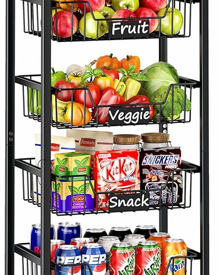 Fruit Basket, 5-Tier Utility Kitchen Organizer and Storage Cart with Pull-Out Baskets and Wood Top, Rolling Pantry Kitchen Cart on Wheels for Fruit Potato Onion Vegetable Snack Produce - LeafyLoom