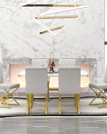 Modern 7 Piece Set with Rectangular Marble Teexture Kitchen Table and 6 PU Leather Chairs and X-Shaped Gold Steel Pipe Legs, for Dining Room, White 27 - LeafyLoom