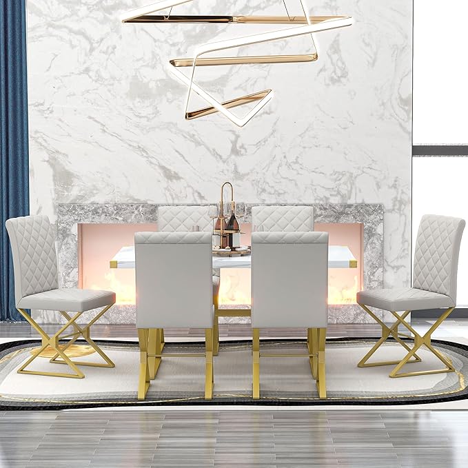 Modern 7 Piece Set with Rectangular Marble Teexture Kitchen Table and 6 PU Leather Chairs and X-Shaped Gold Steel Pipe Legs, for Dining Room, White 27 - LeafyLoom