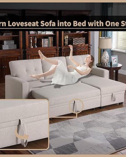 4-in-1 Modular Sofa Bed Convertible Living Room Furniture Sets Upholstered, L Shaped Sectional Comfy Couch with Reversible Storage Chaise for Apartment, Studio, Office, Beige-2 - LeafyLoom