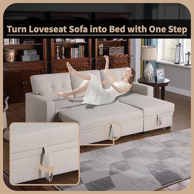 4-in-1 Modular Sofa Bed Convertible Living Room Furniture Sets Upholstered, L Shaped Sectional Comfy Couch with Reversible Storage Chaise for Apartment, Studio, Office, Beige-2 - LeafyLoom