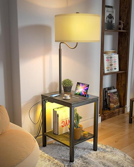 LED Floor Lamp with Table, Side Table with LED Light and Power Outlet, Bedside Nightstand with Lamp, End Table with Lamp Attached for Living Room, Bedroom, USB Ports, Bulb Included, Black Oak - LeafyLoom