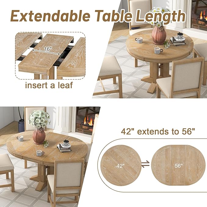 NicBex Small Kitchen Table Set for 4 Round Dining Table Farmhouse Dining Set 5-Piece Dining Set Extendable Round Table and 4 Upholstered Chairs for Kitchen, Natural Wood Wash - LeafyLoom