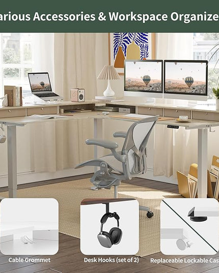 FEZIBO Triple Motor 75" L Shaped Standing Desk with 5 Drawers, Reversible Electric Standing Gaming Desk Adjustable Height, Corner Stand up Desk with Splice Board, White Frame/Light Walnut Top - LeafyLoom
