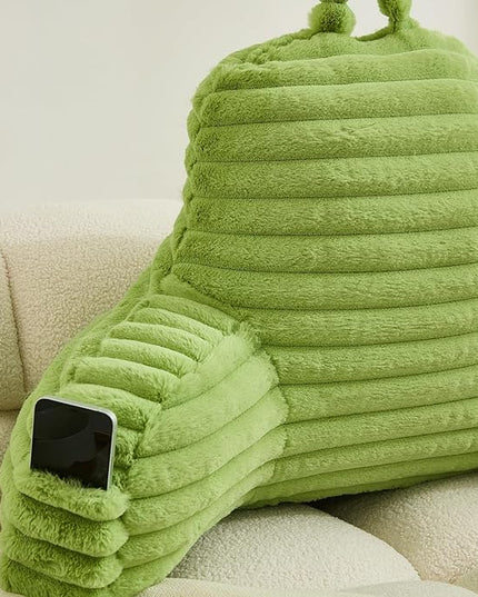 WERDIM Reading Pillow for Sitting in Bed, Faux Fur Back Pillow for Bed Rest, Bed Chair Pillow with Arms and Pockets(Standard, Apple Green) - LeafyLoom