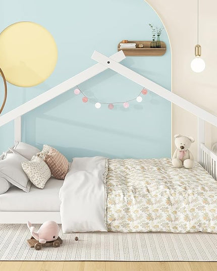 Bellemave Full Montessori Floor Bed Frame, White, Modern Style, No Box Spring Needed, Headboard Included, 275lb Weight Capacity - LeafyLoom