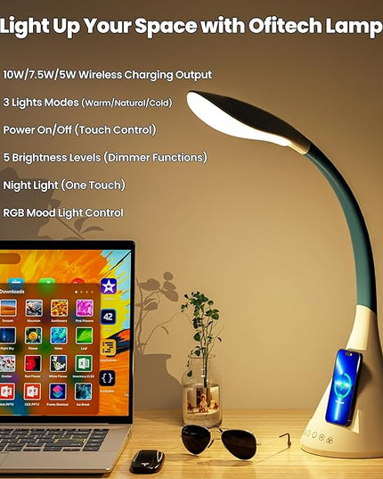 Modern Heavy Duty Bright LED Desk Lamp for Home Office, Wireless Charging, Touch Desk Lamp, Adjustable Neck & Height, 5 Brightness Level, 3 Light Temps, 56 LEDs & 4 Years Lifespan (White) - LeafyLoom