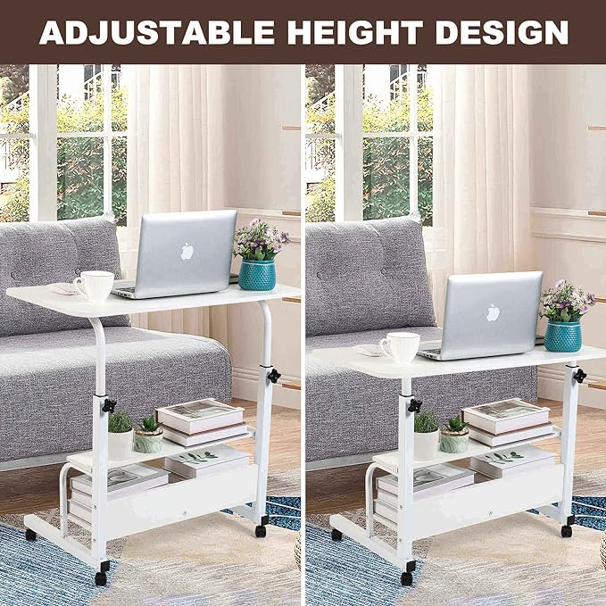 Adjustable White Home Office Desk with Storage and Detachable Wheels - 15.7 x 31.5 Inch - LeafyLoom