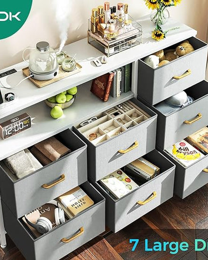 AODK Dresser with Charging Station, 52-Inch Long Dresser for Bedroom with 7 Large Fabric Drawers, Entertainment Center with Open Shelves for 55-Inch TV for Living Room, White and Light Grey - LeafyLoom
