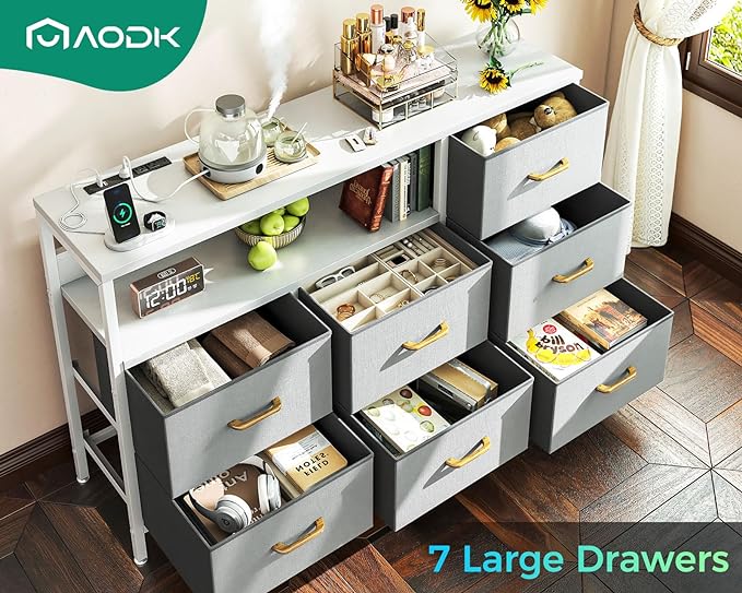 AODK Dresser with Charging Station, 52-Inch Long Dresser for Bedroom with 7 Large Fabric Drawers, Entertainment Center with Open Shelves for 55-Inch TV for Living Room, White and Light Grey - LeafyLoom