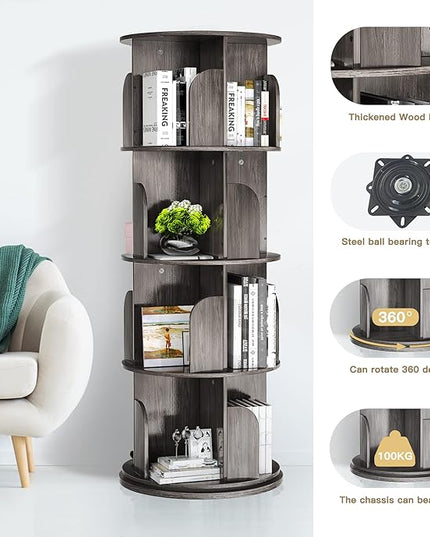 Rotating Bookshelf, Rotating Bookshelf Tower for Small Space, 360 Display 4 Tier Floor Standing Storage Rack, Wood Narrow Book Shelf for Bedroom, Living Room - LeafyLoom