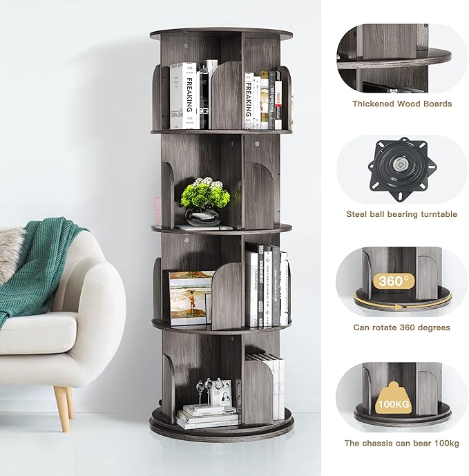 Rotating Bookshelf, Rotating Bookshelf Tower for Small Space, 360 Display 4 Tier Floor Standing Storage Rack, Wood Narrow Book Shelf for Bedroom, Living Room - LeafyLoom
