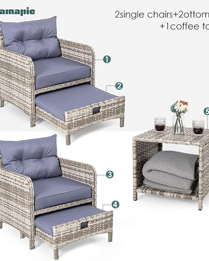 Pamapic 5 Pieces Wicker Patio Furniture Set Outdoor Patio Chairs with Ottomans Conversation Furniture with coffetable for Poorside Garden Balcony(Purple Cushion + Grey Ratten)… - LeafyLoom