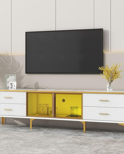 Merax Stylish LED TV Stand for Televisions Up to 78'', Entertainment Center with Brown Glass Storage Cabinet, Marble-veined Table Top, Golden Legs & Handles for Living Room, White - LeafyLoom