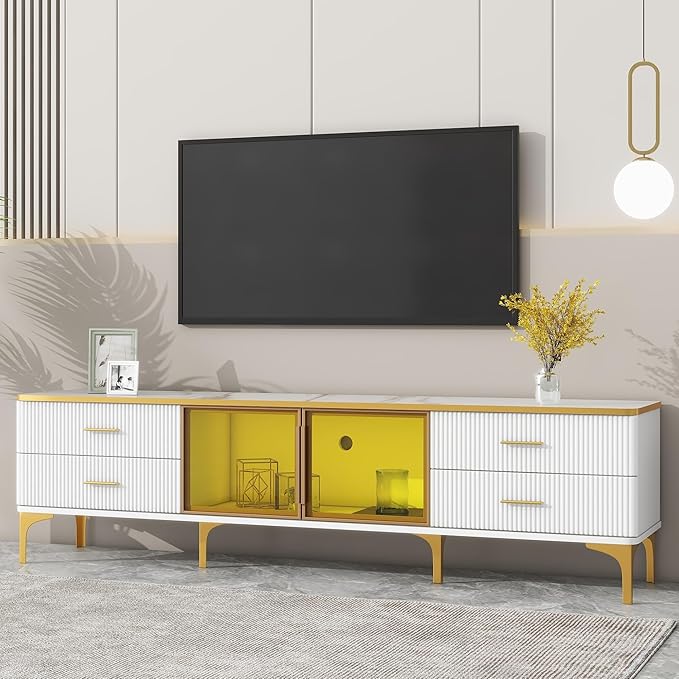 Merax Stylish LED TV Stand for Televisions Up to 78'', Entertainment Center with Brown Glass Storage Cabinet, Marble-veined Table Top, Golden Legs & Handles for Living Room, White - LeafyLoom