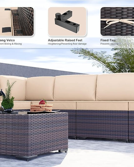 Kullavik 9PCS Outdoor Patio Furniture Set PE Wicker Rattan Sectional Sofa Patio Conversation Sets,Sand - LeafyLoom