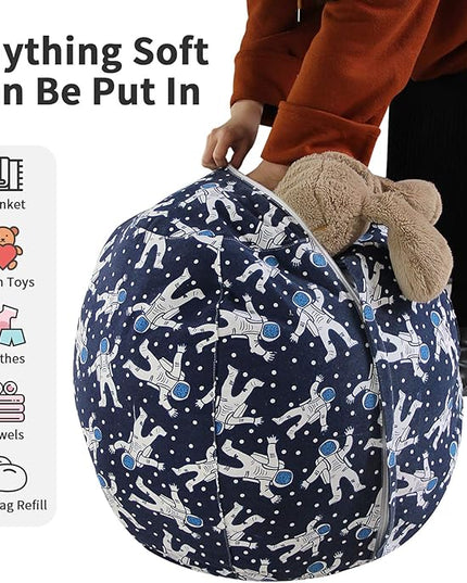 2 PCS Stuffed Animal Storage Bean Bag Chair Cover, Cotton Canvas Beanbag with Zipper for Organizing Kid's and Adults Room Blue Astronaut 24" - LeafyLoom