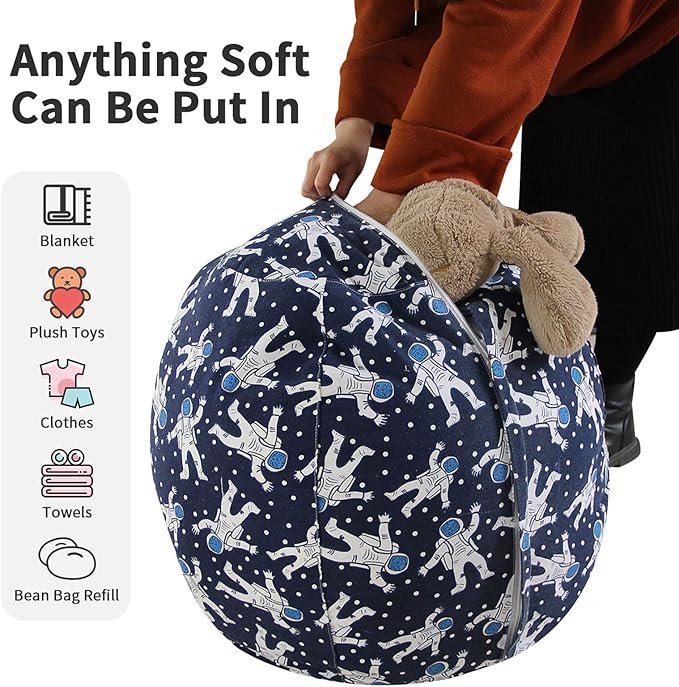 2 PCS Stuffed Animal Storage Bean Bag Chair Cover, Cotton Canvas Beanbag with Zipper for Organizing Kid's and Adults Room Blue Astronaut 24" - LeafyLoom