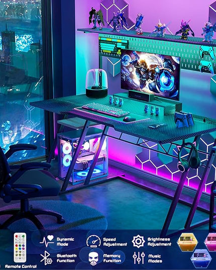 Gaming Computer Desk with Hutch and LED Lights, 55'' Black Gaming Desk with Storage Shelves, Reversible PC Gaming Desk with Pegboard, Ergonomic Desk for Bedroom, Carbon Fiber Surface - LeafyLoom