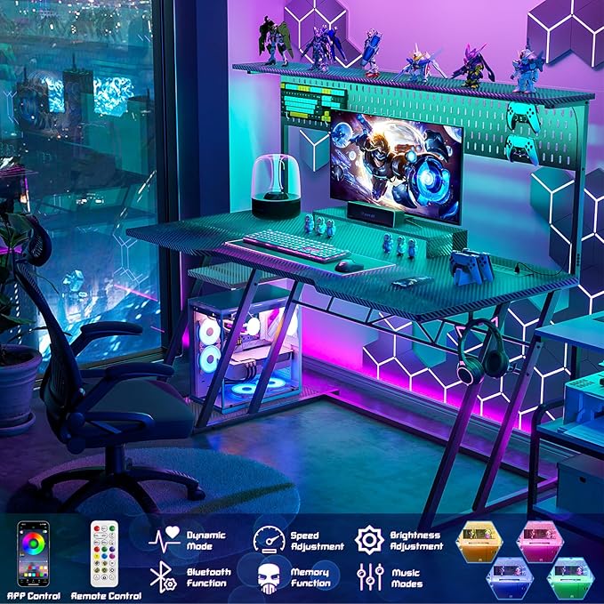 Gaming Computer Desk with Hutch and LED Lights, 55'' Black Gaming Desk with Storage Shelves, Reversible PC Gaming Desk with Pegboard, Ergonomic Desk for Bedroom, Carbon Fiber Surface - LeafyLoom