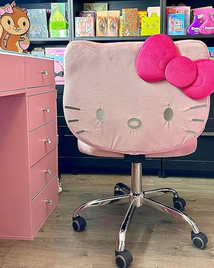 Impressions Vanity Hello Kitty Kawaii Swivel Vanity Chair for Makeup Room, Adjustable Height Cute Desk Chair with Wheels Rolling, Comfy Polyurethane Foam Back Armless Chair for Dorm (Pink) - LeafyLoom