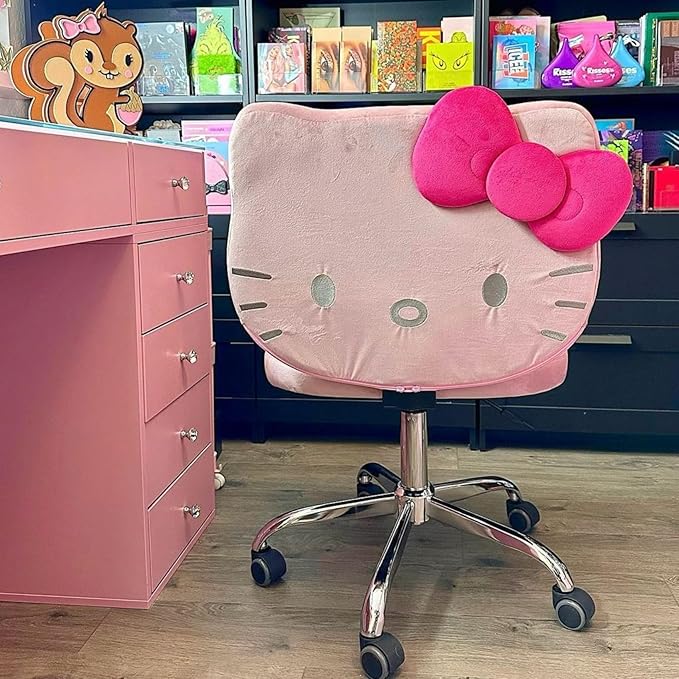 Impressions Vanity Hello Kitty Kawaii Swivel Vanity Chair for Makeup Room, Adjustable Height Cute Desk Chair with Wheels Rolling, Comfy Polyurethane Foam Back Armless Chair for Dorm (Pink) - LeafyLoom