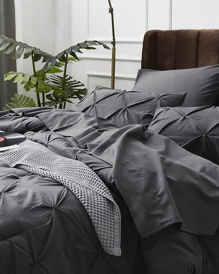 Bedsure King Size Comforter Set - Bedding Set King 7 Pieces, Pintuck Bed in a Bag Dark Grey Bed Set with Comforter, Sheets, Pillowcases & Shams - LeafyLoom