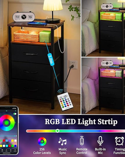 Yoobure Night Stand with Charging Station, 16 Colors LED Nightstand with USB Ports and Outlets, End Table with 3 Fabric Drawers and Storage Shelf, Bedside Tables Small Dresser for Small Space - LeafyLoom