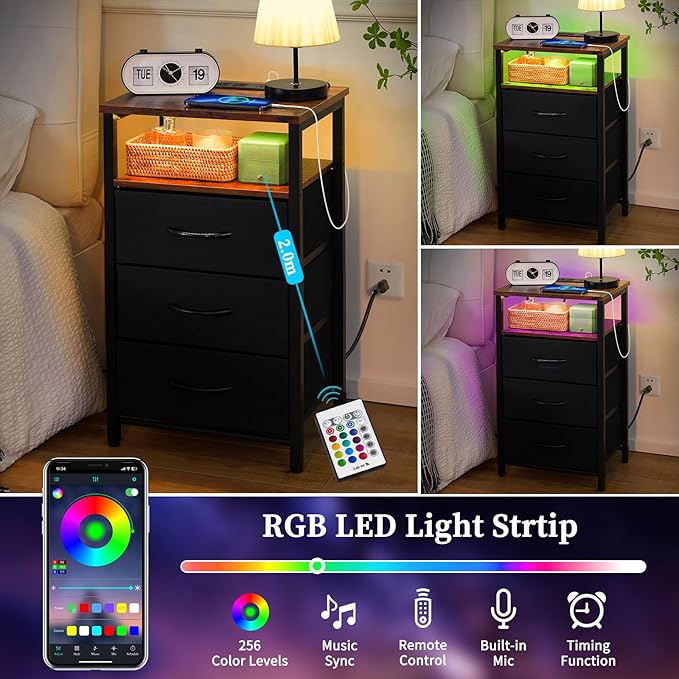 Yoobure Night Stand with Charging Station, 16 Colors LED Nightstand with USB Ports and Outlets, End Table with 3 Fabric Drawers and Storage Shelf, Bedside Tables Small Dresser for Small Space - LeafyLoom