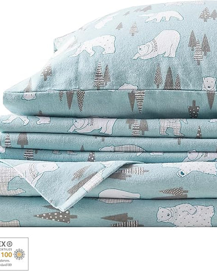 Comfort Spaces Cotton Flannel Breathable Warm Deep Pocket Sheets with Pillow Case Bedding, Twin, Blue Polar Bears 3 Piece - LeafyLoom