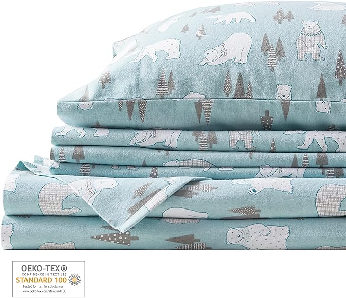 Comfort Spaces Cotton Flannel Breathable Warm Deep Pocket Sheets with Pillow Case Bedding, Twin, Blue Polar Bears 3 Piece - LeafyLoom