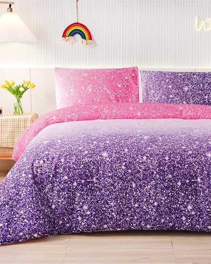 Holawakaka Kids Space Star Glitter Comforter Set Ombre Red & Purple Print Gradient Bedding Set Full Size (Red purple, Full) - LeafyLoom