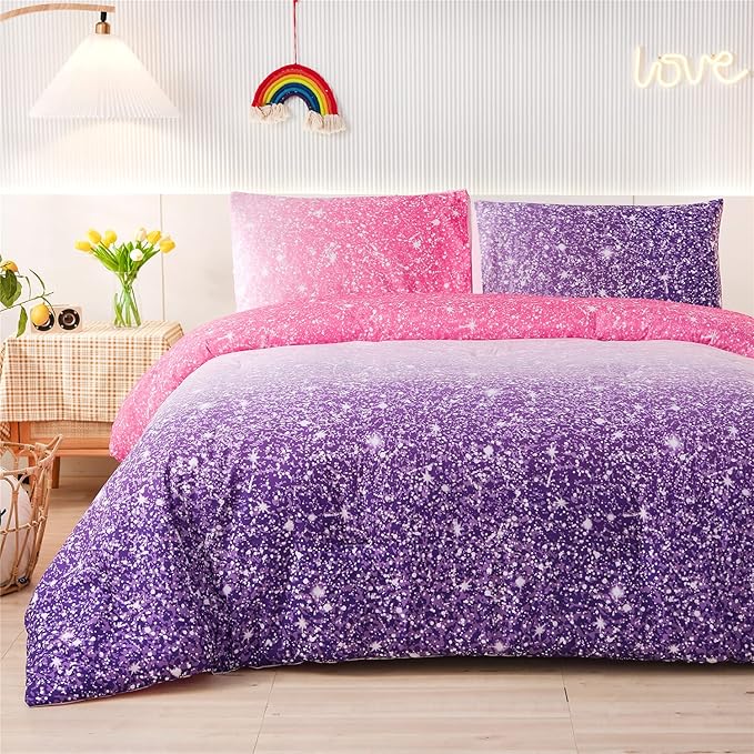 Holawakaka Kids Space Star Glitter Comforter Set Ombre Red & Purple Print Gradient Bedding Set Full Size (Red purple, Full) - LeafyLoom