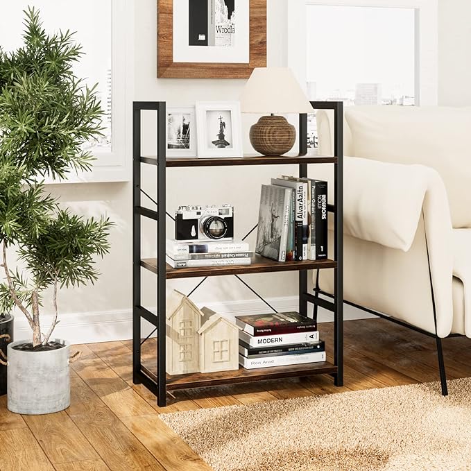 NUMENN 3 Tier Bookshelf, Bookcase Shelf Storage Organizer, Modern Book Shelf for Bedroom, Living Room and Home Office, Vintage - LeafyLoom