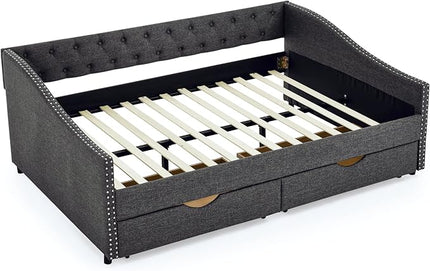 Full Size Daybed with 2 Drawers, Upholstered Tufted Day Bed, with Button Back and Waved Shape Arms, Wood Slat Support, No Spring Box Need, for Bedroom, Livingroom - LeafyLoom